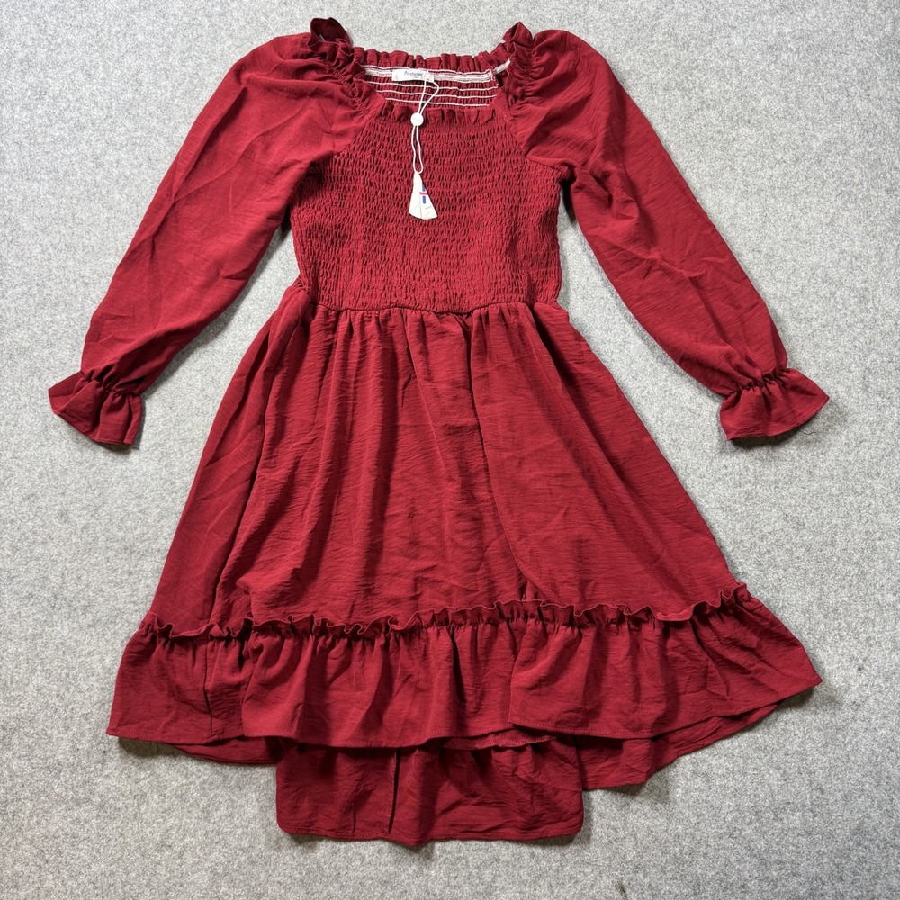 Arshiner Girls Smocked Ruffle Dress Size 12 Burgundy Red Long Sleeve Boho